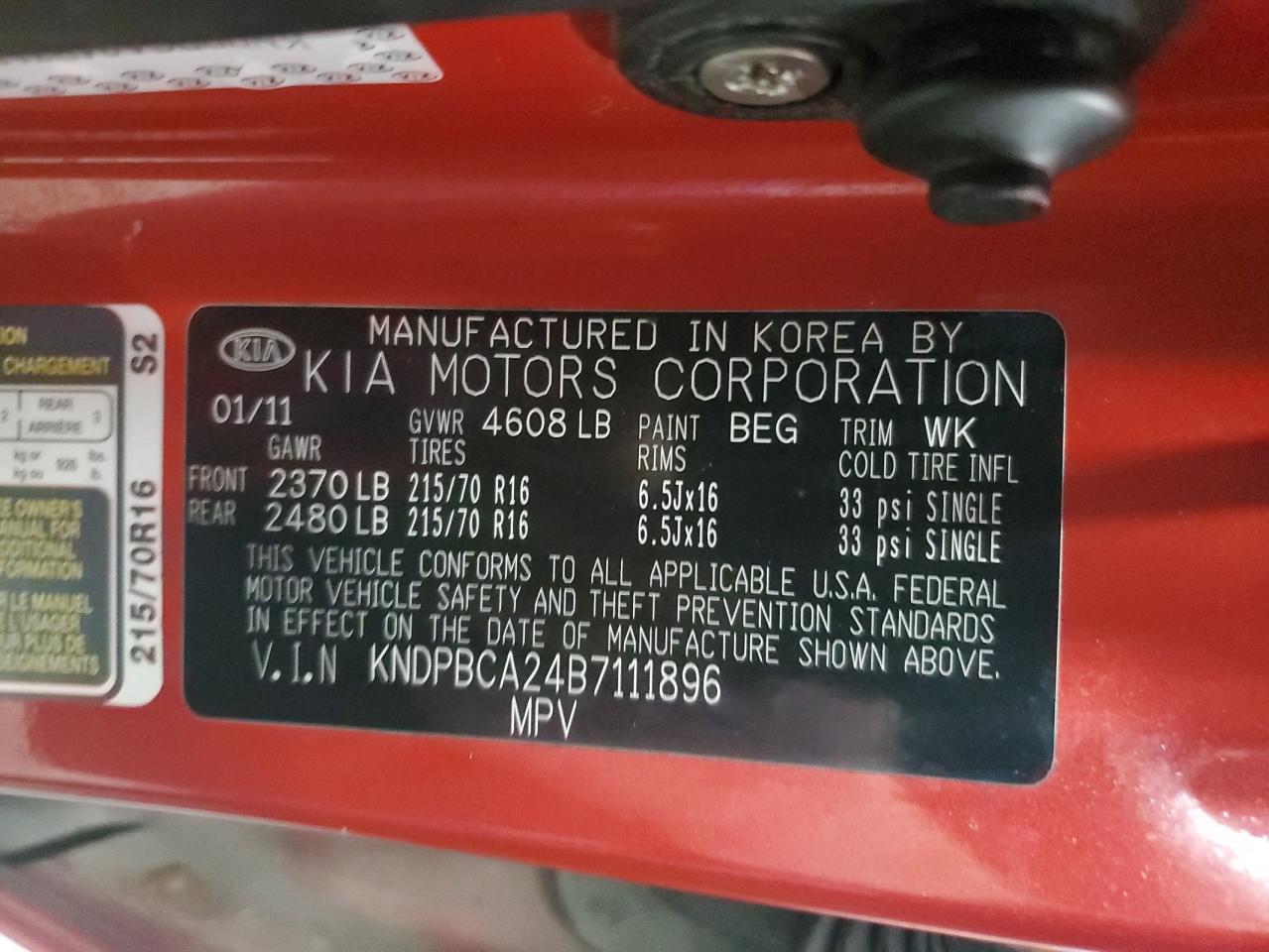 2011 Kia Sportage Lx VIN: KNDPBCA24B7111896 Lot: 68970635