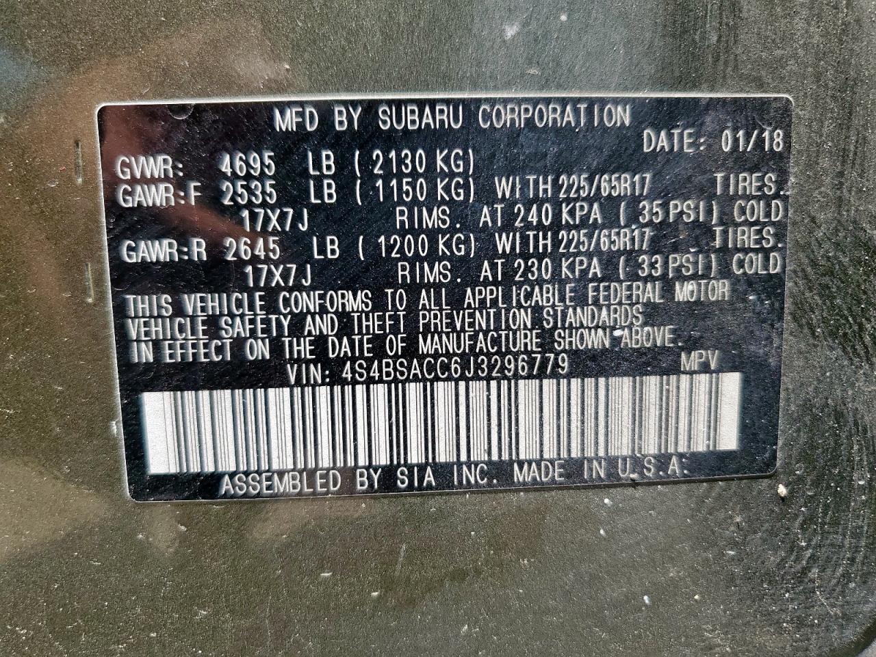 2018 Subaru Outback 2.5I Premium VIN: 4S4BSACC6J3296779 Lot: 69939535