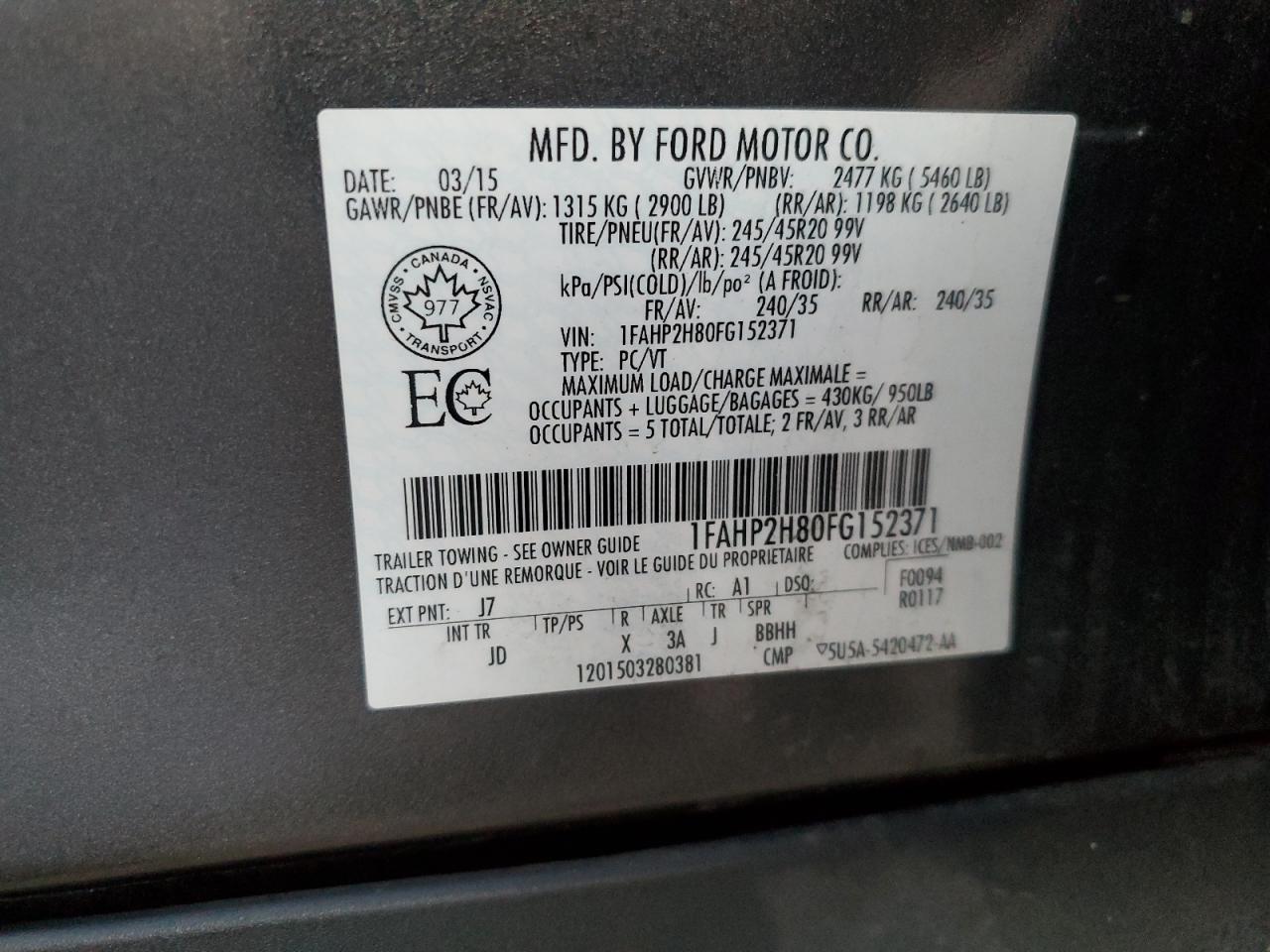 2015 Ford Taurus Sel VIN: 1FAHP2H80FG152371 Lot: 70475605