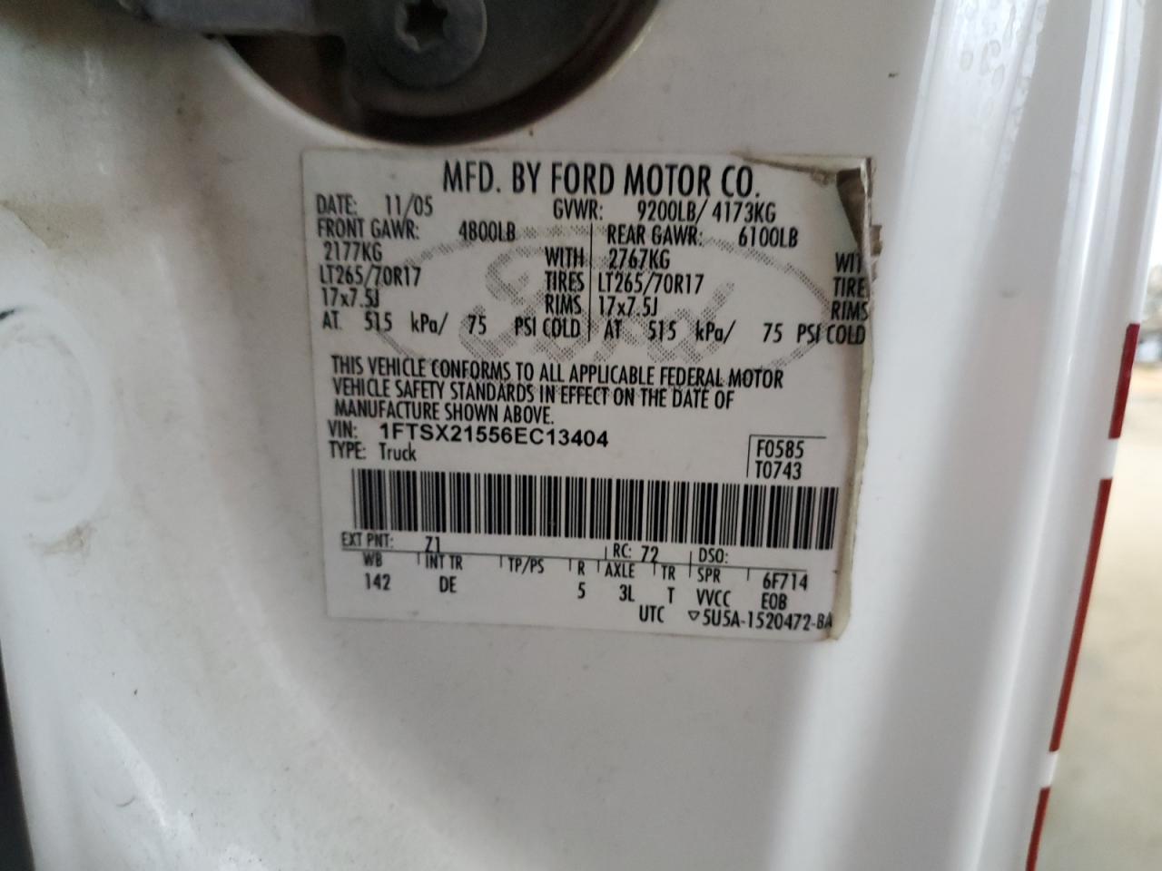 2006 Ford F250 Super Duty VIN: 1FTSX21556EC13404 Lot: 66828195