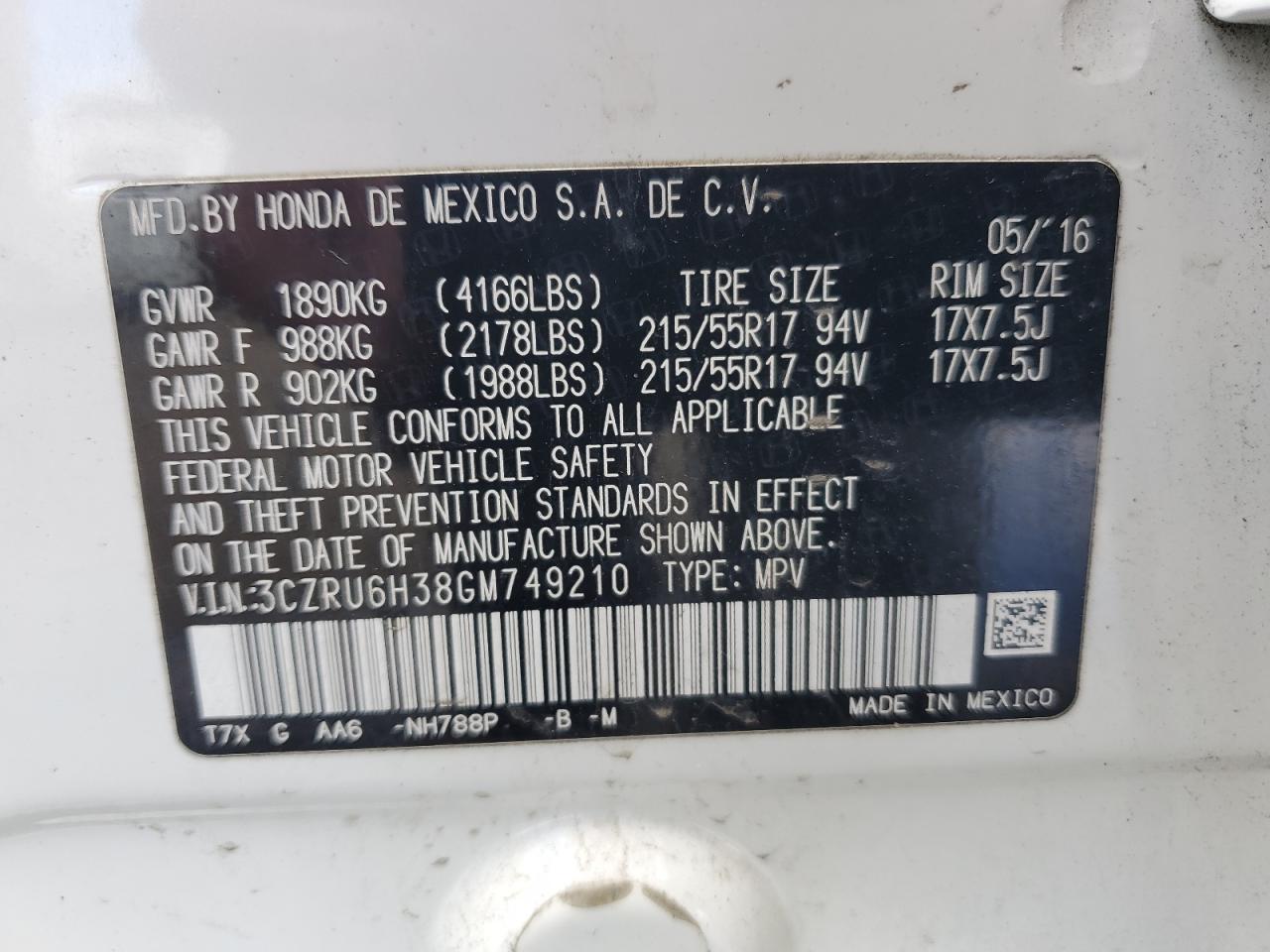 2016 Honda Hr-V Lx VIN: 3CZRU6H38GM749210 Lot: 70463975