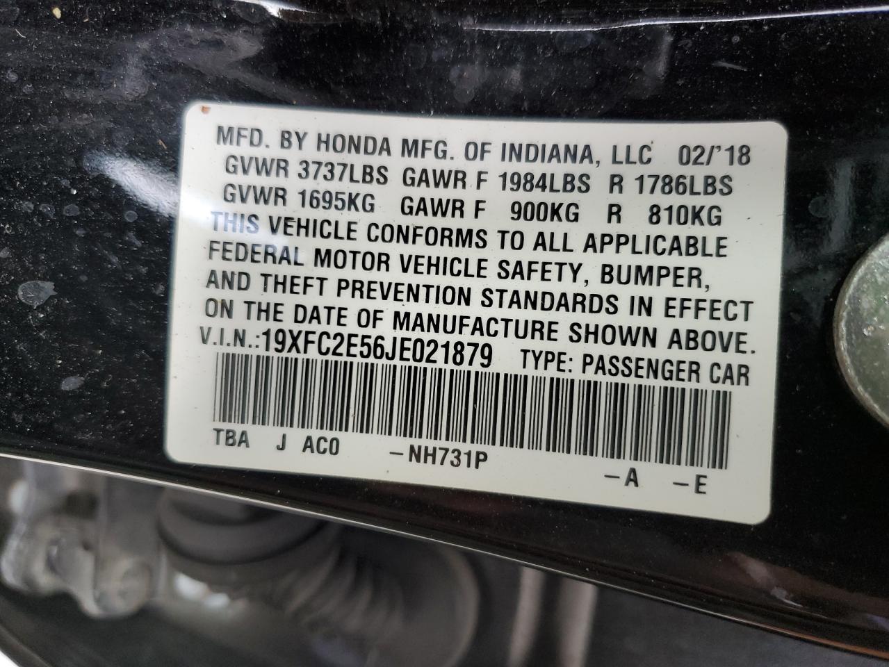 2018 Honda Civic Lx VIN: 19XFC2E56JE021879 Lot: 70518365