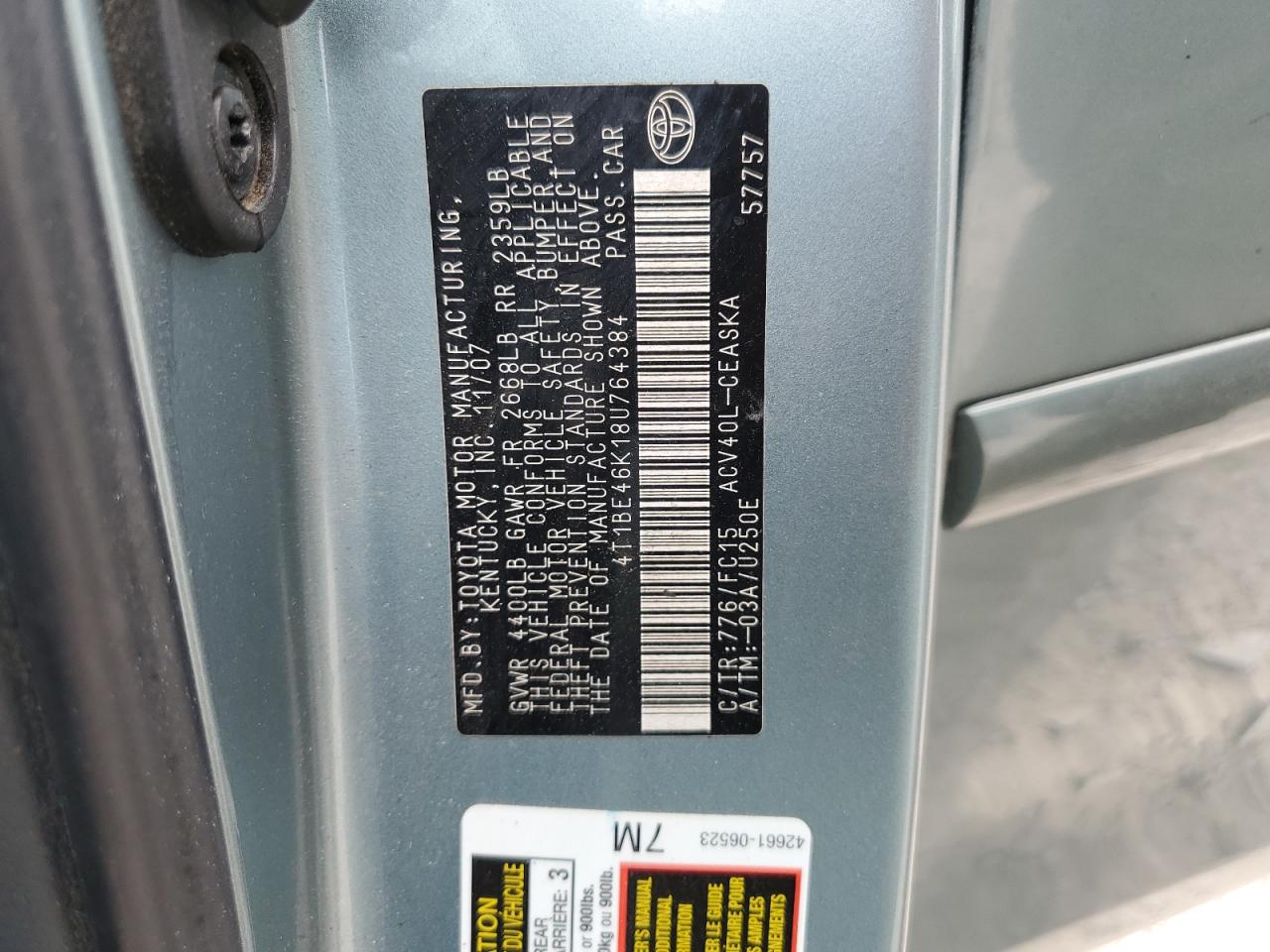 2008 Toyota Camry Ce VIN: 4T1BE46K18U764384 Lot: 70686745