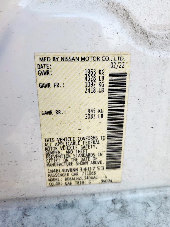 2022 Nissan Altima Sv VIN: 1N4BL4DV8NN340753 Lot: 70164515