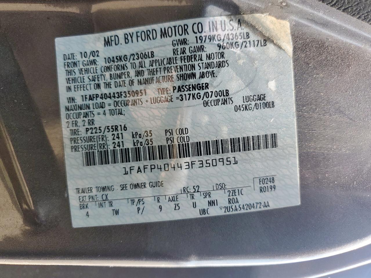 2003 Ford Mustang VIN: 1FAFP40443F350951 Lot: 69927325