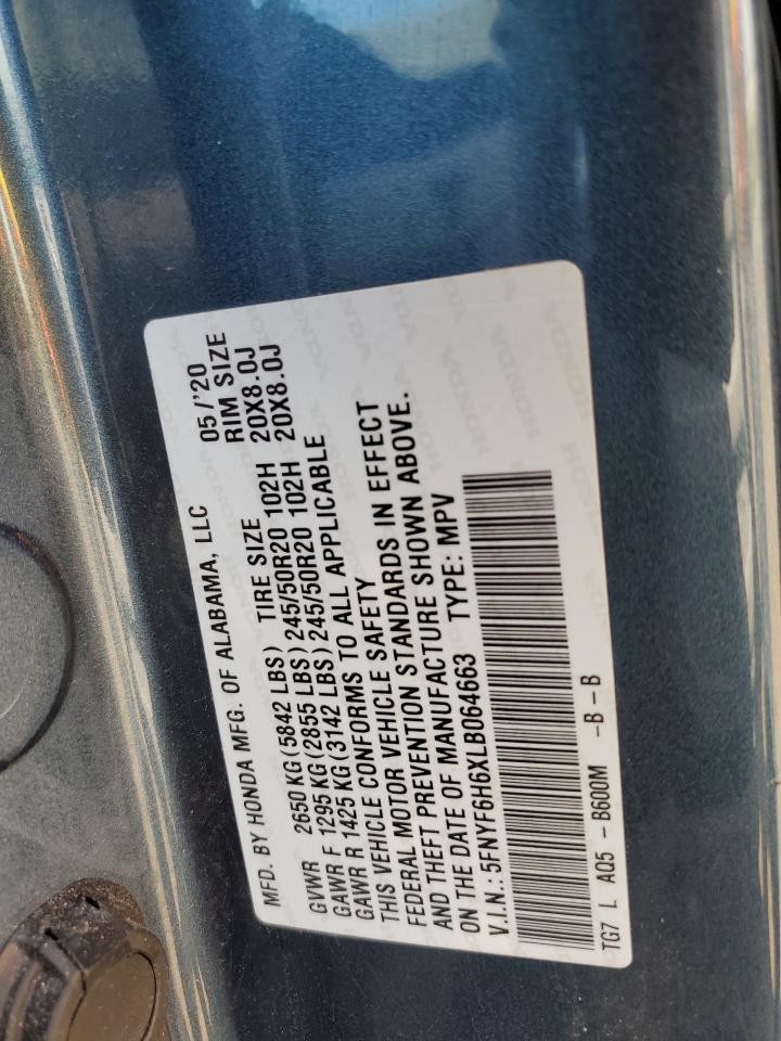 2020 Honda Pilot Touring VIN: 5FNYF6H6XLB064663 Lot: 70138355