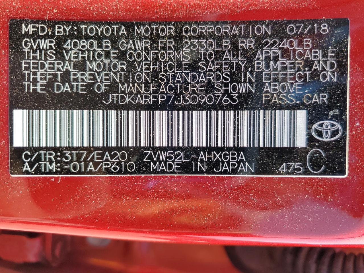 2018 Toyota Prius Prime VIN: JTDKARFP7J3090763 Lot: 68654495