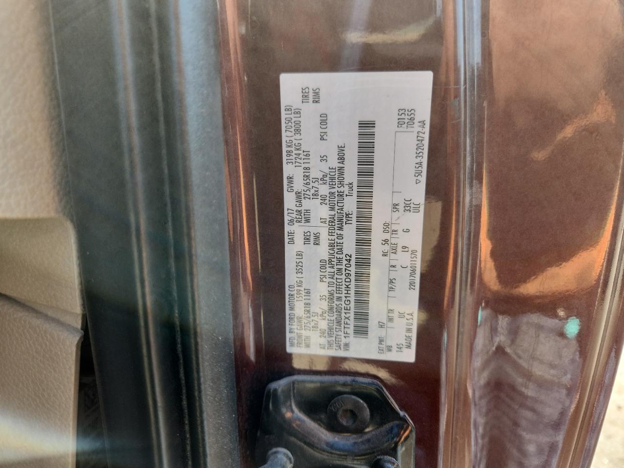 2017 Ford F150 Super Cab VIN: 1FTFX1EG1HKD97042 Lot: 69727555