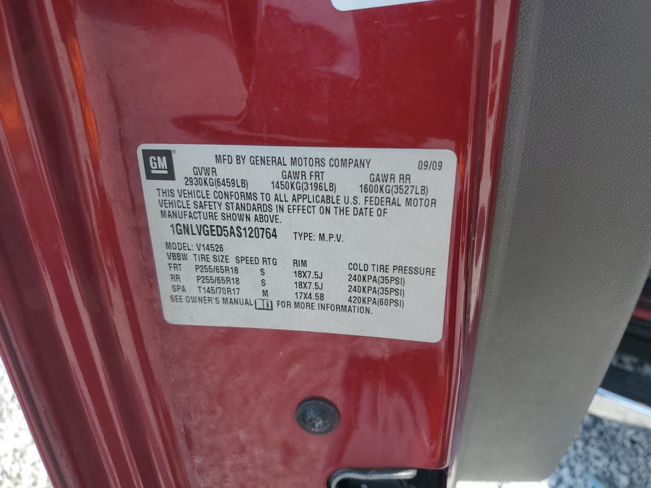 2010 Chevrolet Traverse Lt VIN: 1GNLVGED5AS120764 Lot: 68557325