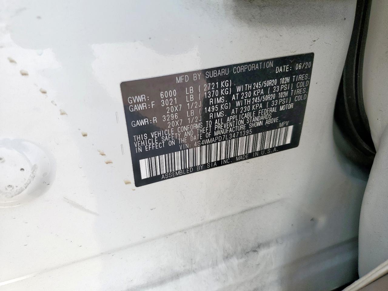 2020 Subaru Ascent Limited VIN: 4S4WMAPD7L3471395 Lot: 70415875