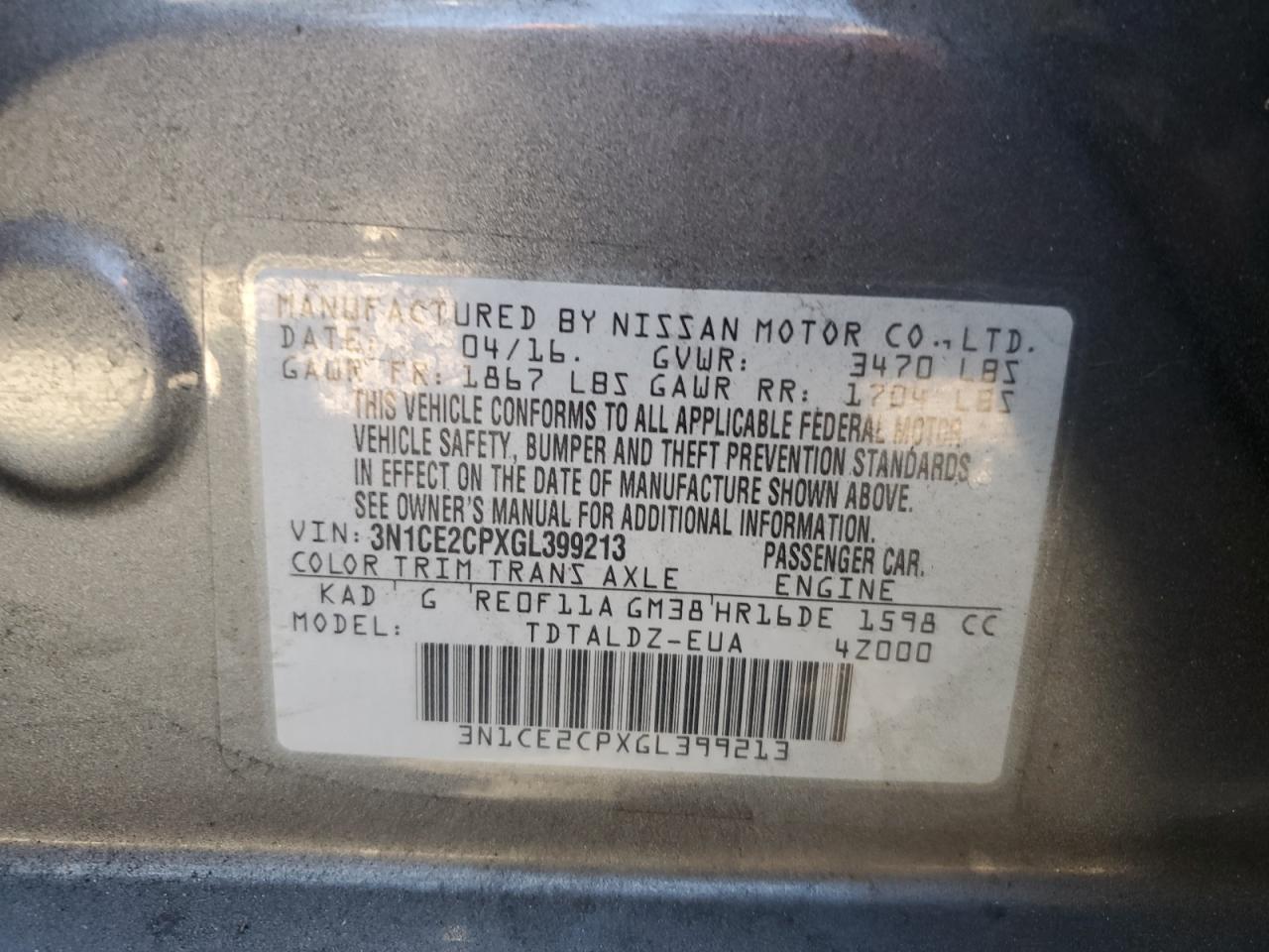 2016 Nissan Versa Note S VIN: 3N1CE2CPXGL399213 Lot: 70211795