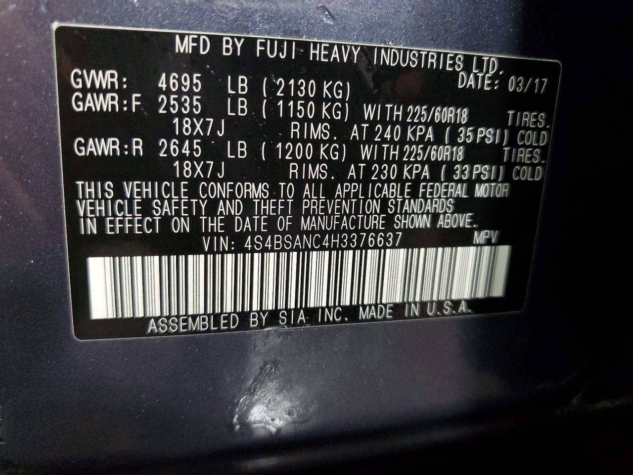 2017 Subaru Outback 2.5I Limited VIN: 4S4BSANC4H3376637 Lot: 67545565