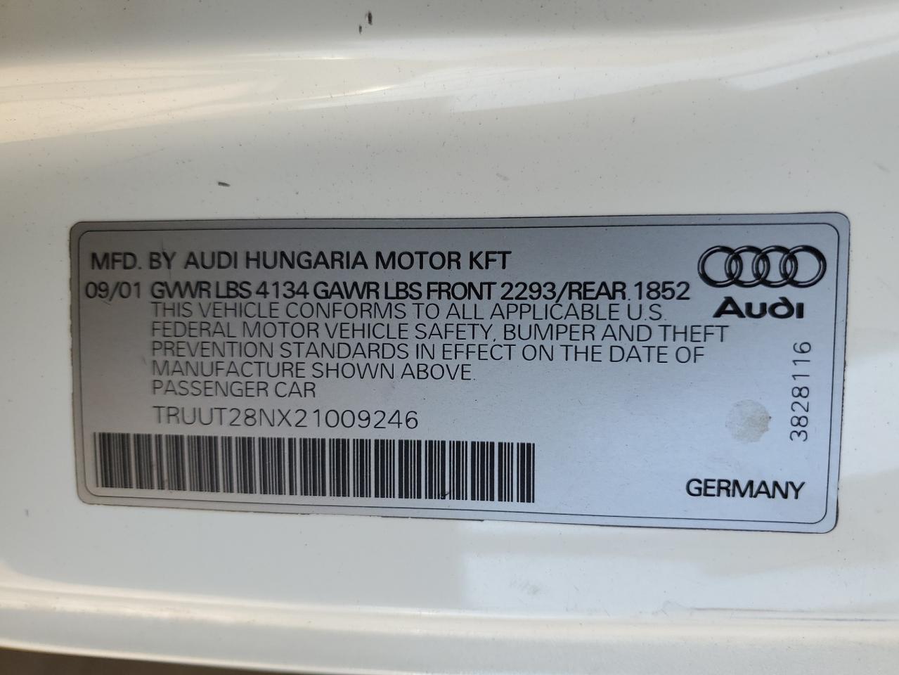 2002 Audi Tt Quattro VIN: TRUUT28NX21009246 Lot: 70904305