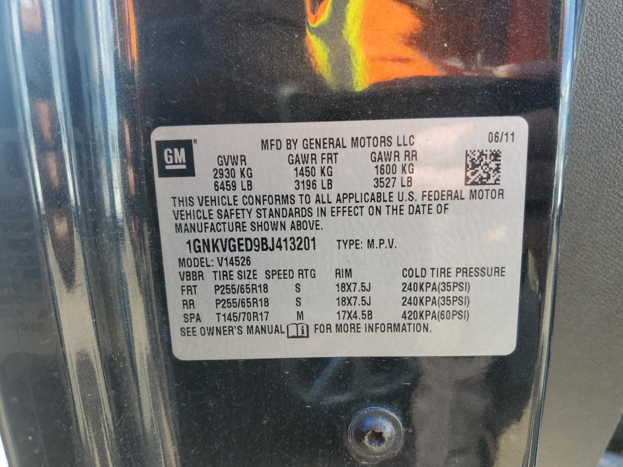 2011 Chevrolet Traverse Lt VIN: 1GNKVGED9BJ413201 Lot: 69756515