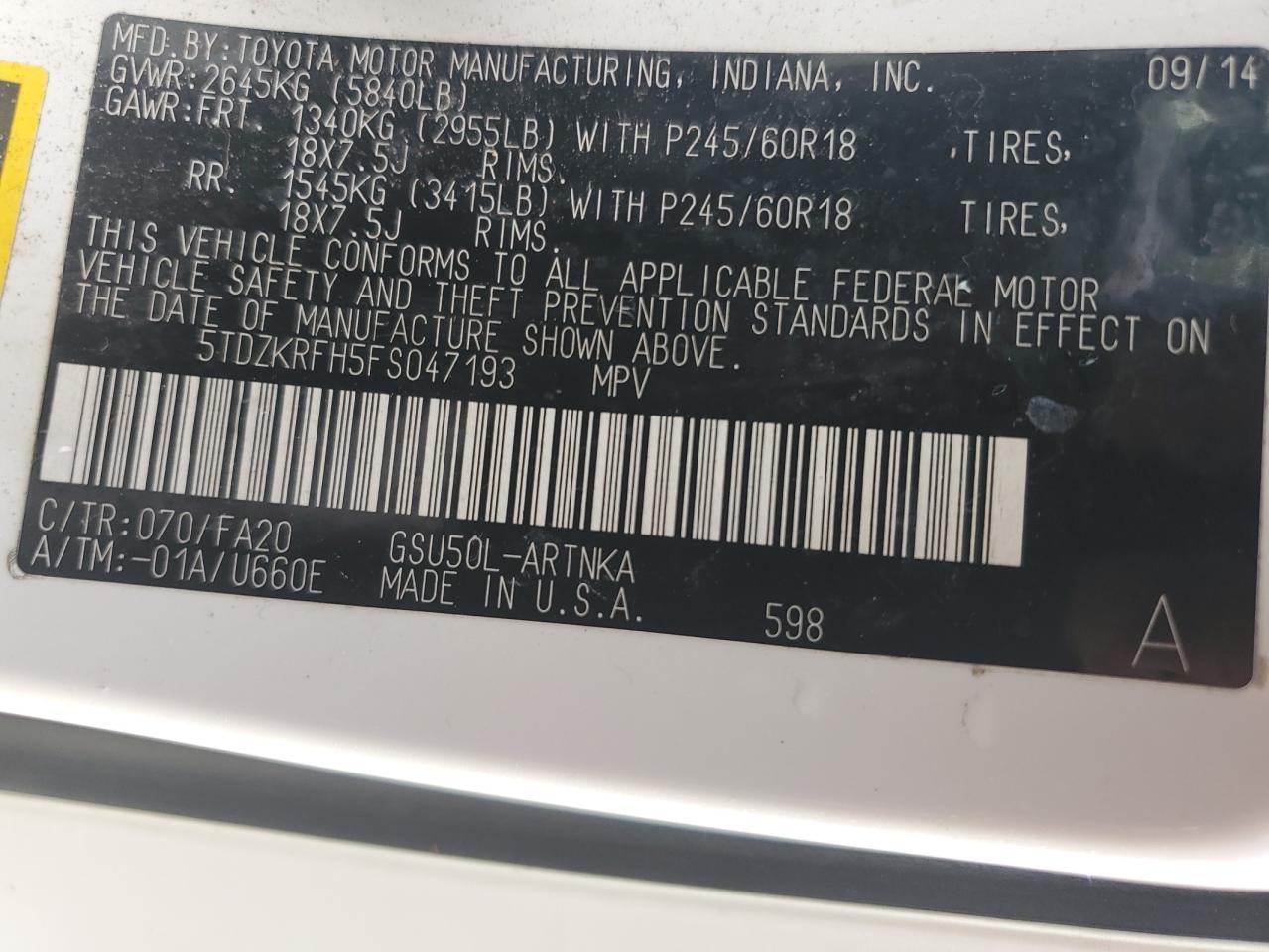 2015 Toyota Highlander Le VIN: 5TDZKRFH5FS047193 Lot: 69988025