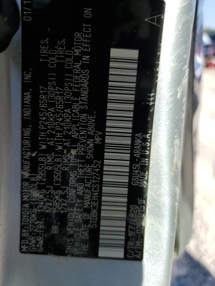 2012 Toyota Highlander Base VIN: 5TDBK3EH4CS127452 Lot: 70521355