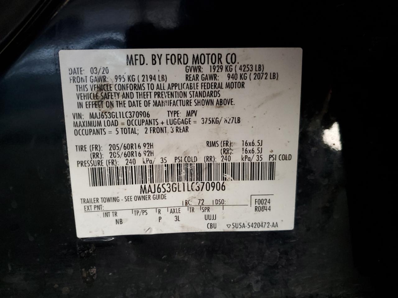 2020 Ford Ecosport Se VIN: MAJ6S3GL1LC370906 Lot: 68373605