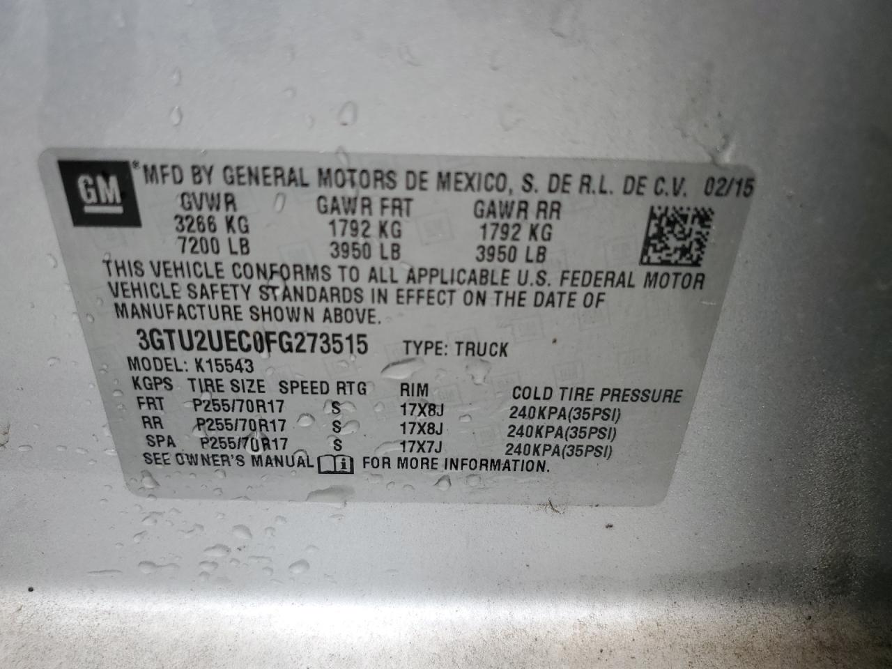 2015 GMC Sierra K1500 Sle VIN: 3GTU2UEC0FG273515 Lot: 70441725