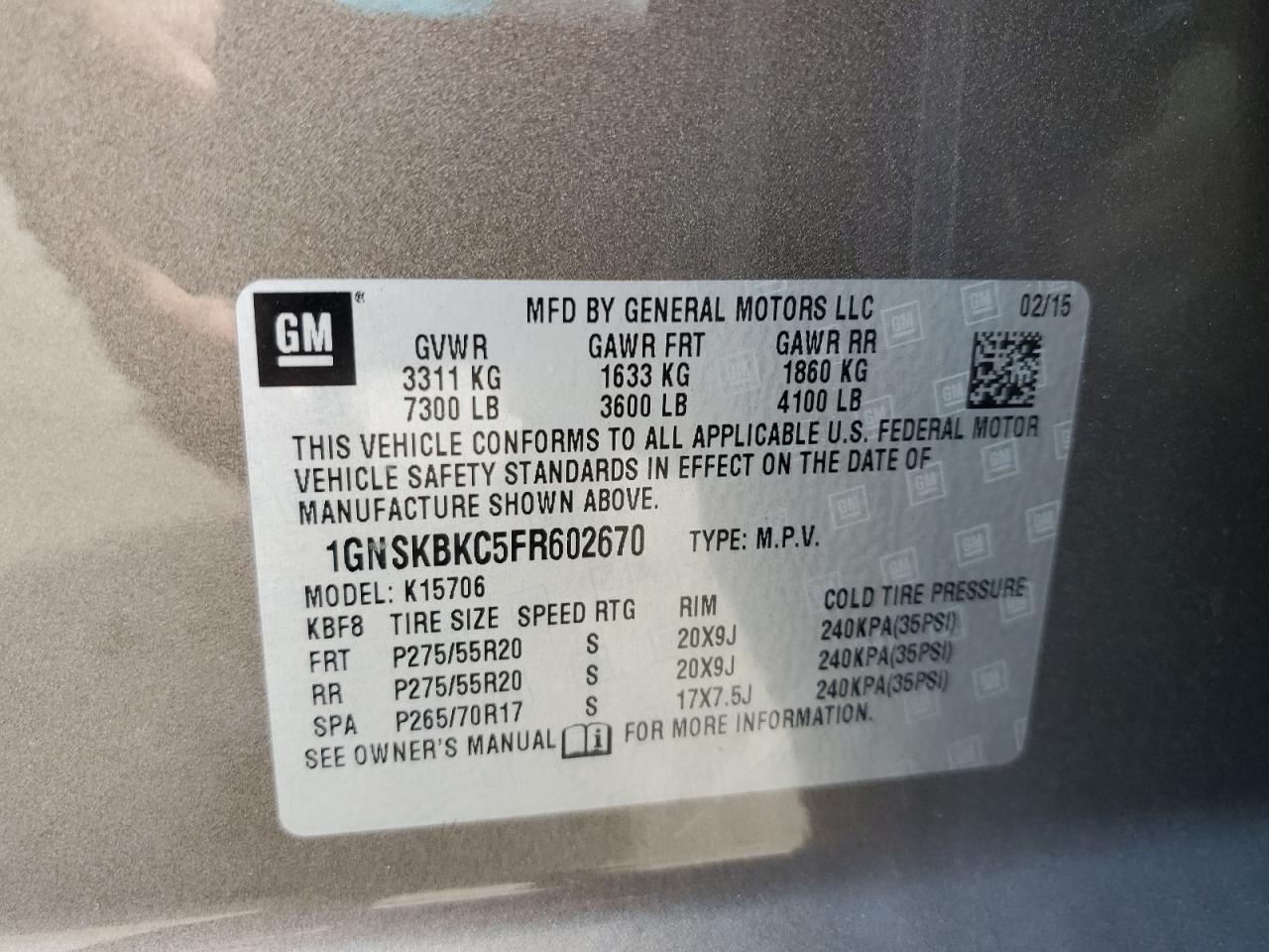 2015 Chevrolet Tahoe K1500 Lt VIN: 1GNSKBKC5FR602670 Lot: 70526675