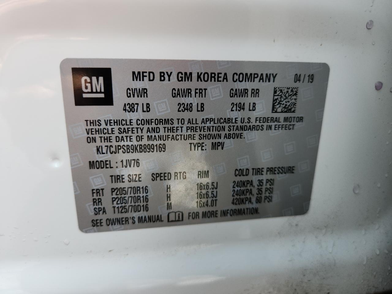 2019 Chevrolet Trax 1Lt VIN: KL7CJPSB9KB899169 Lot: 70473925