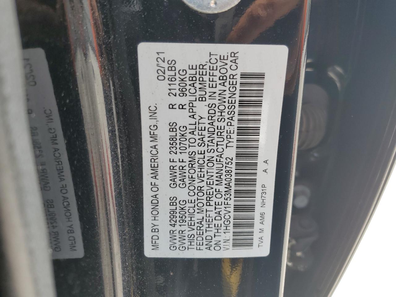 2021 Honda Accord Exl VIN: 1HGCV1F53MA038752 Lot: 68278115