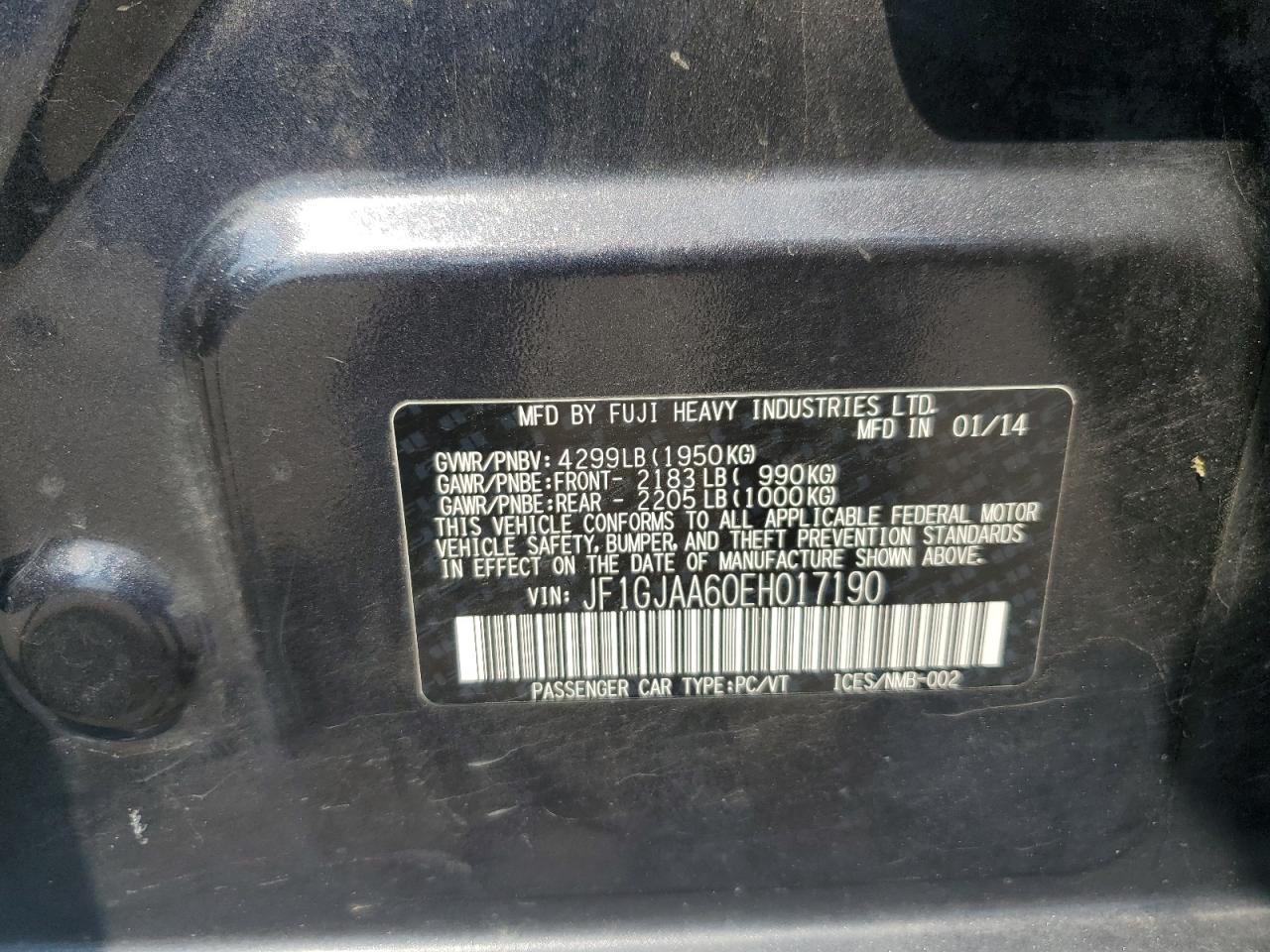 2014 Subaru Impreza VIN: JF1GJAA60EH017190 Lot: 68750525