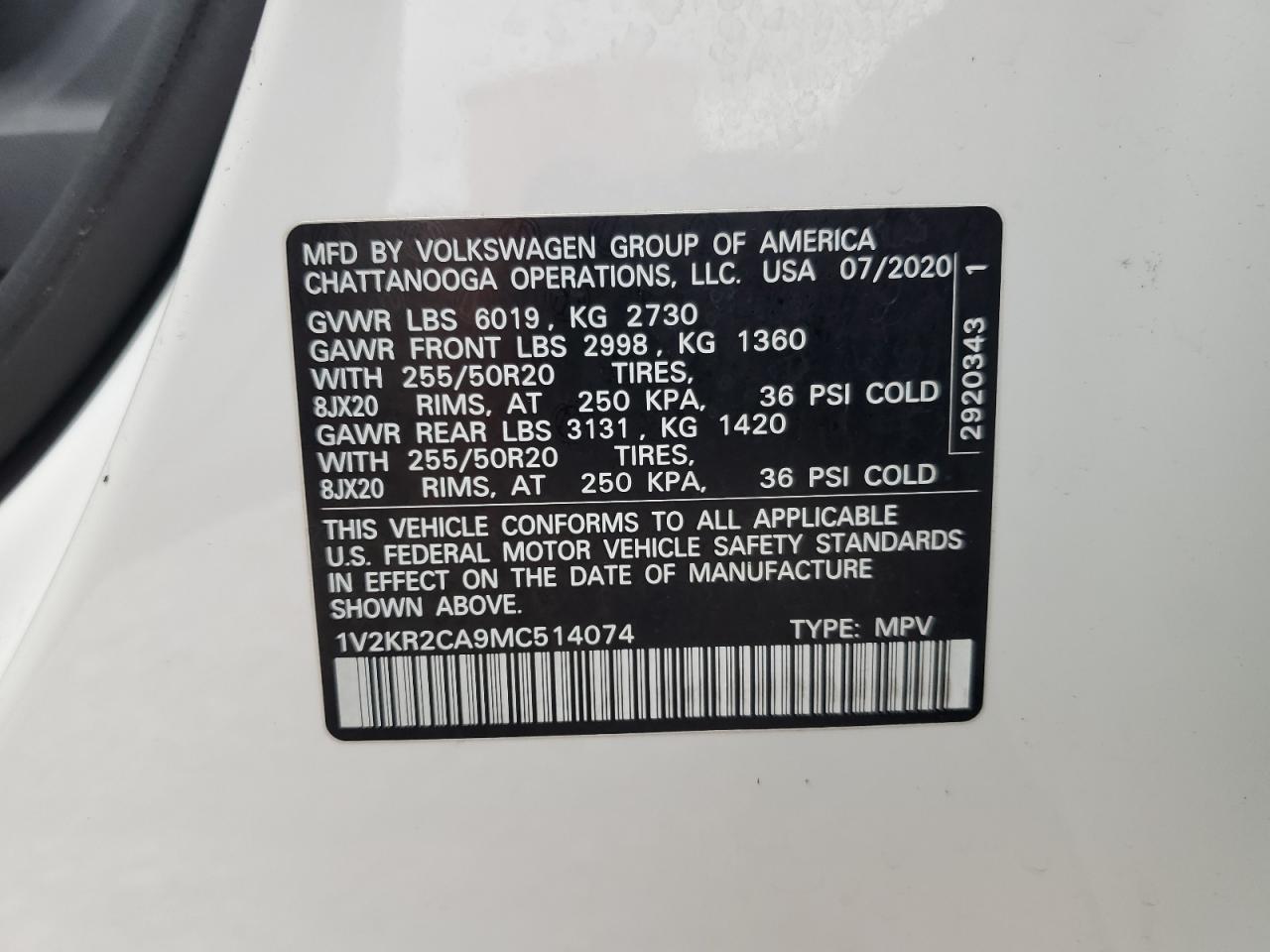 2021 Volkswagen Atlas Se VIN: 1V2KR2CA9MC514074 Lot: 66160175