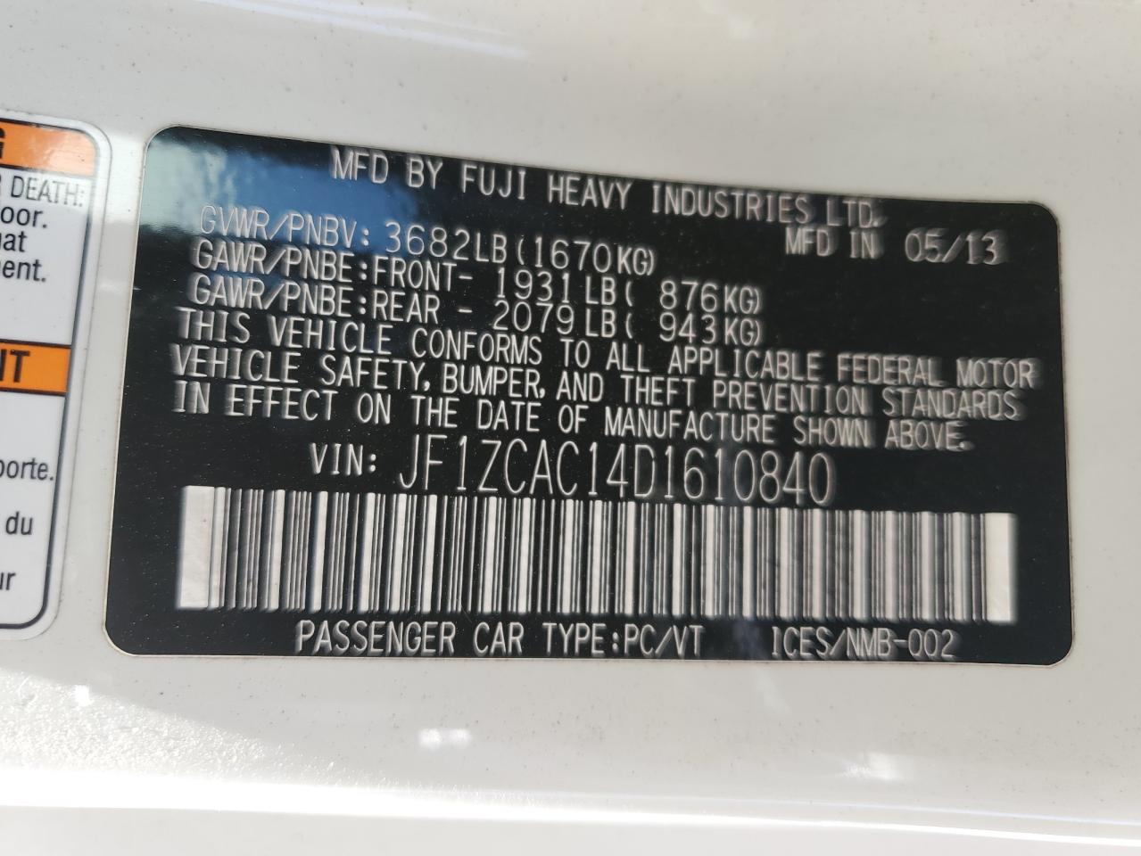 Hide VIN History Auto JF1ZCAC14D1610840 - SUBARU BRZ 2013