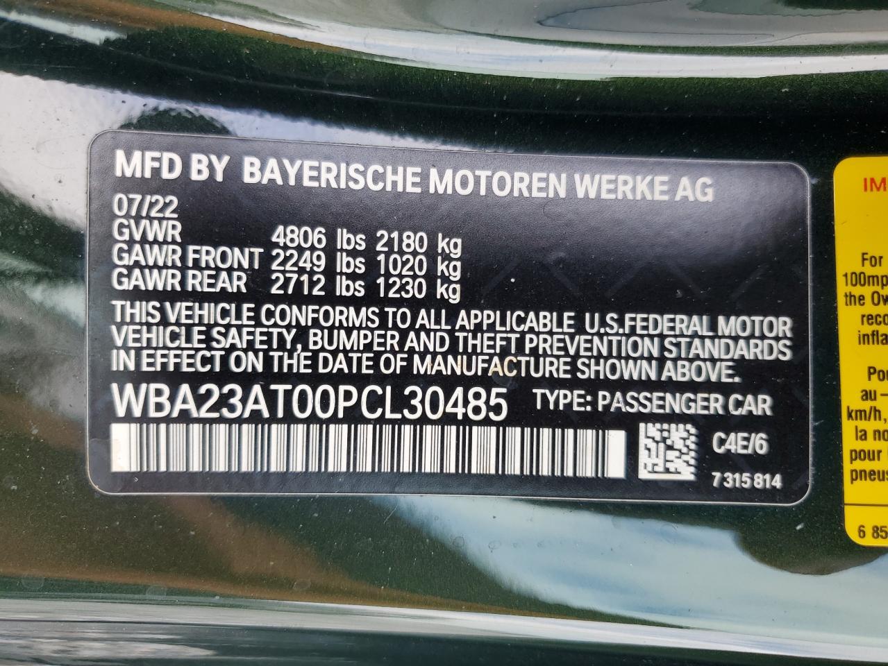 2023 BMW 430I VIN: WBA23AT00PCL30485 Lot: 70545845