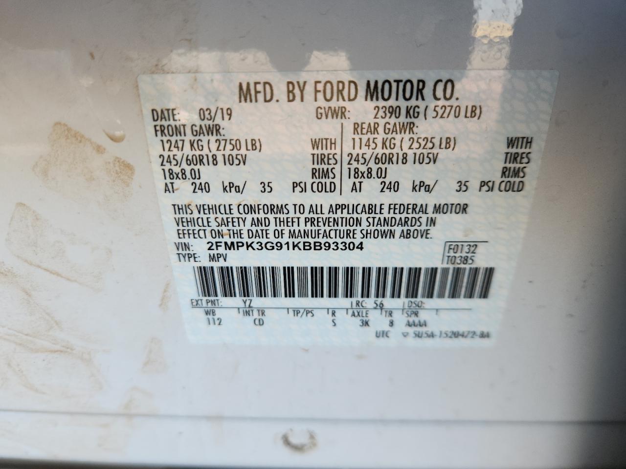 2019 Ford Edge Se VIN: 2FMPK3G91KBB93304 Lot: 70030725