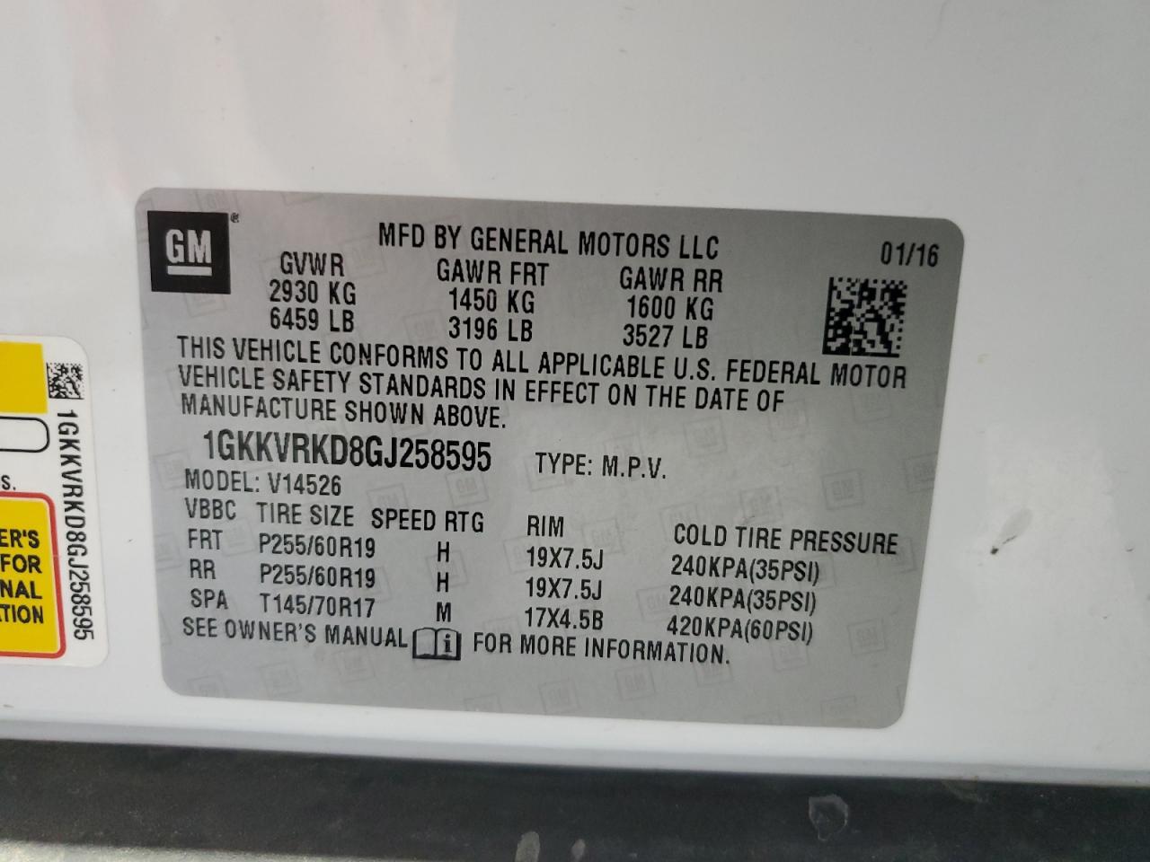 2016 GMC Acadia Slt-1 VIN: 1GKKVRKD8GJ258595 Lot: 67371375