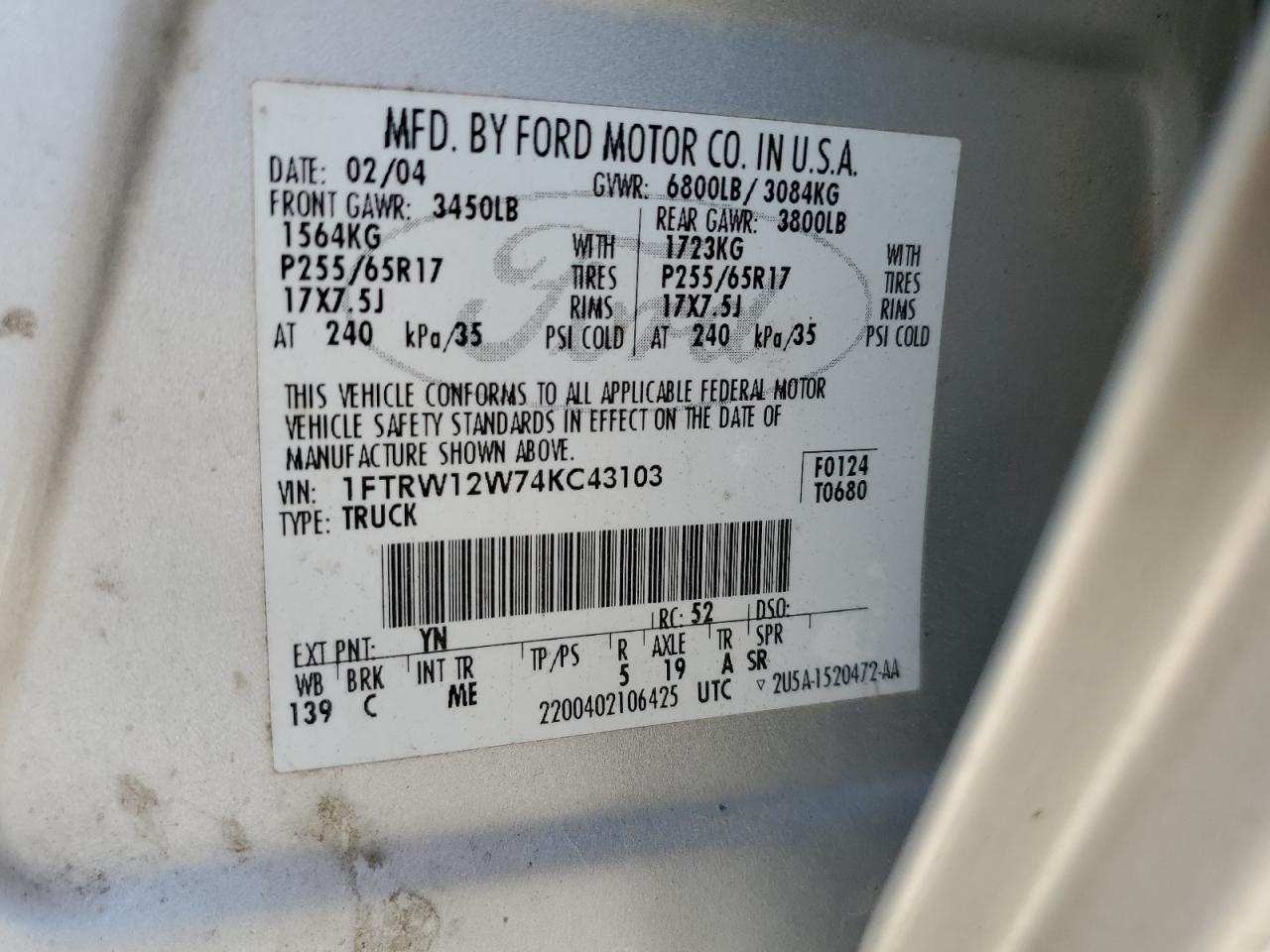 2004 Ford F150 Supercrew VIN: 1FTRW12W74KC43103 Lot: 68021795