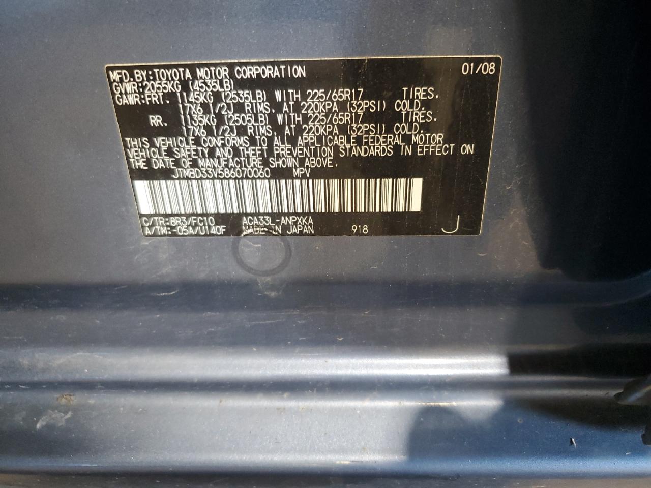 2008 Toyota Rav4 VIN: JTMBD33V586070060 Lot: 69158545