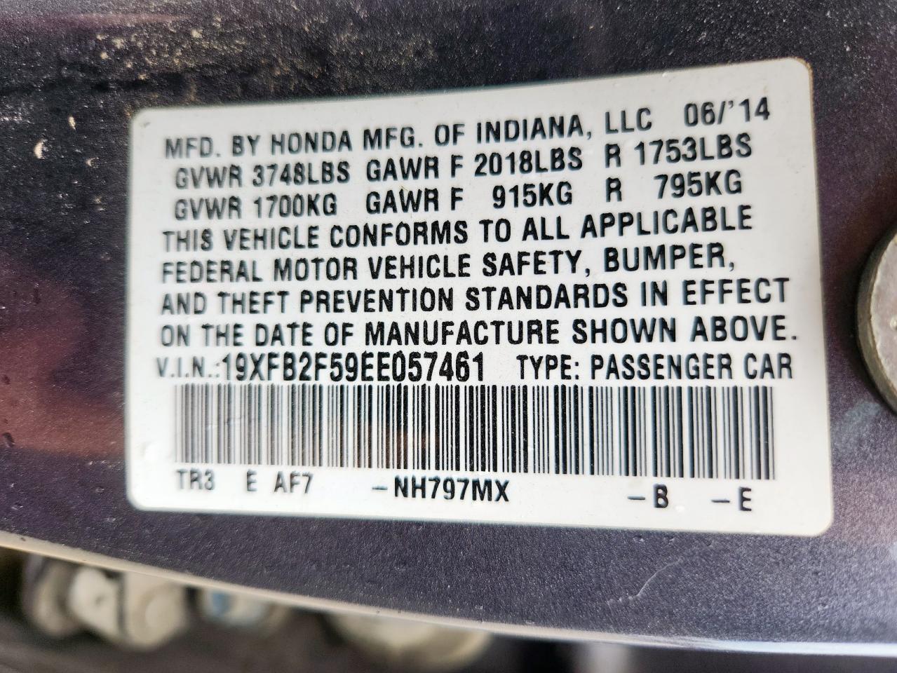 2014 Honda Civic Lx VIN: 19XFB2F59EE057461 Lot: 69282375