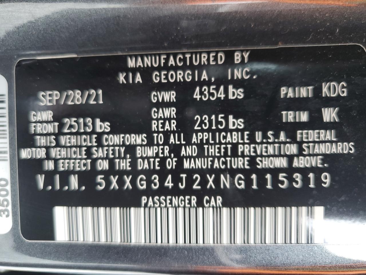 2022 Kia K5 Ex VIN: 5XXG34J2XNG115319 Lot: 69826825