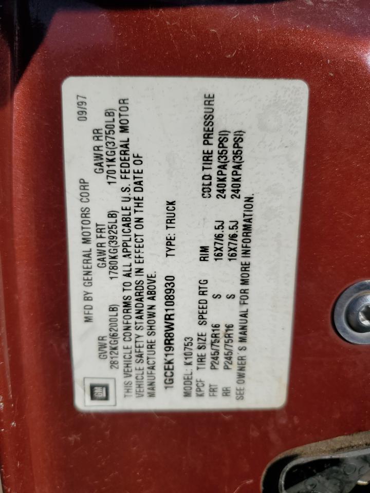 1998 Chevrolet Gmt-400 K1500 VIN: 1GCEK19R8WR108930 Lot: 69475335