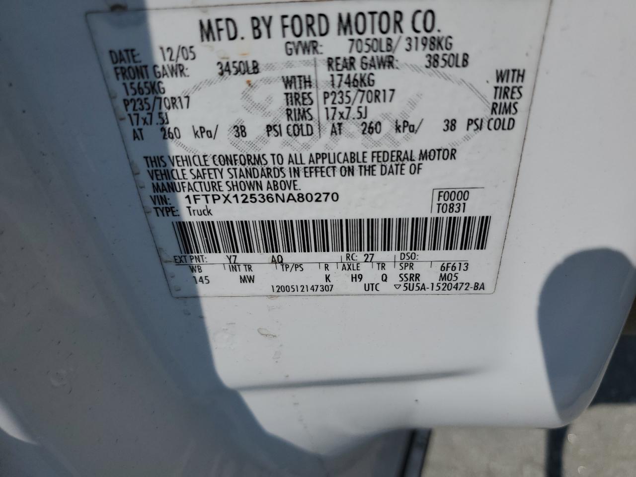 2006 Ford F150 VIN: 1FTPX12536NA80270 Lot: 69543865