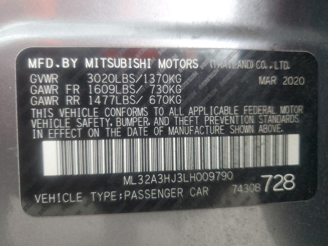 2020 Mitsubishi Mirage Es VIN: ML32A3HJ3LH009790 Lot: 68712085