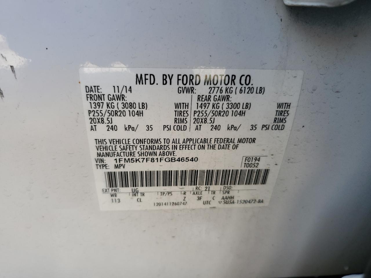 2015 Ford Explorer Limited VIN: 1FM5K7F81FGB46540 Lot: 68823935