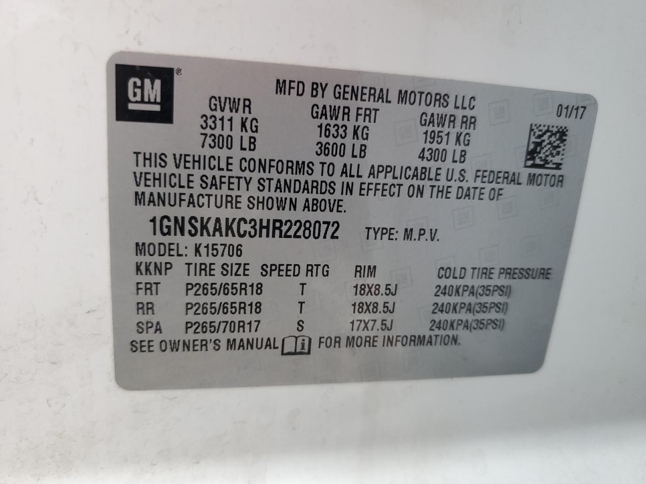 2017 Chevrolet Tahoe K1500 Ls VIN: 1GNSKAKC3HR228072 Lot: 69727365