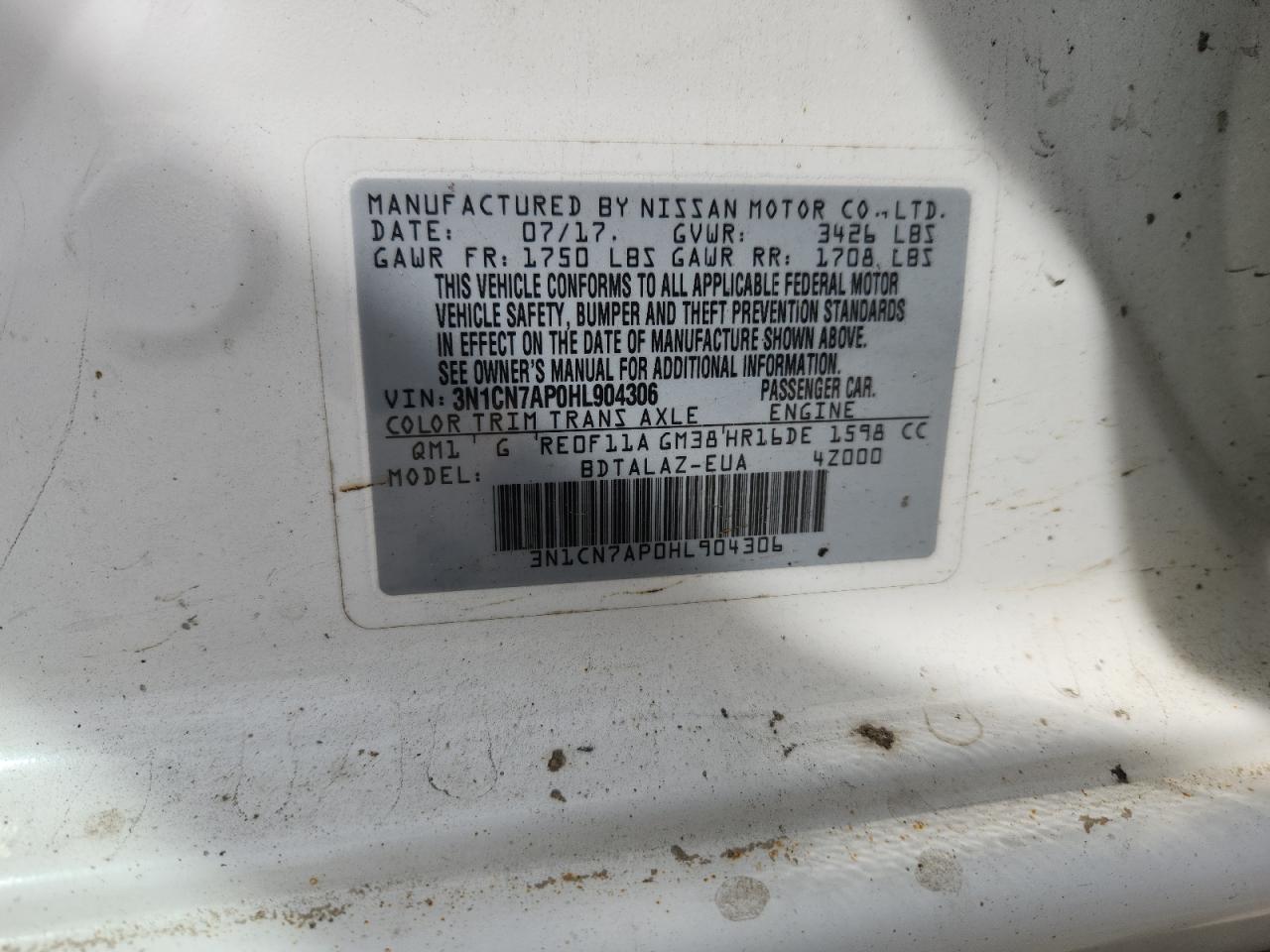 2017 Nissan Versa S VIN: 3N1CN7AP0HL904306 Lot: 70770325