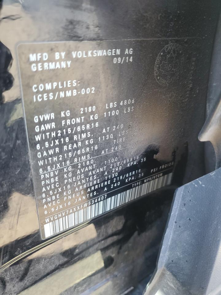 2015 Volkswagen Tiguan S VIN: WVGHV7AXXFW534407 Lot: 70363185