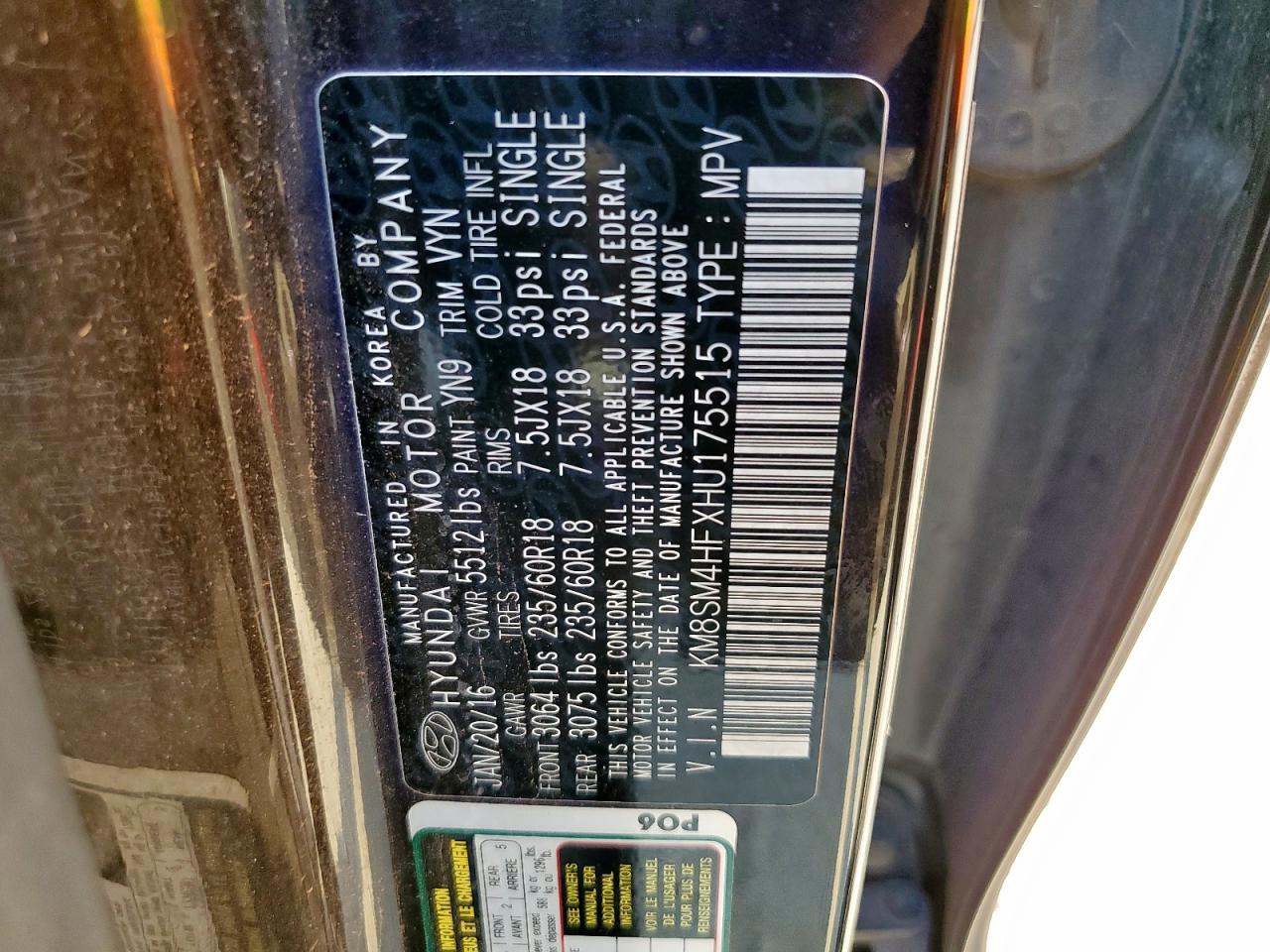 2017 Hyundai Santa Fe Se VIN: KM8SM4HFXHU175515 Lot: 69811345