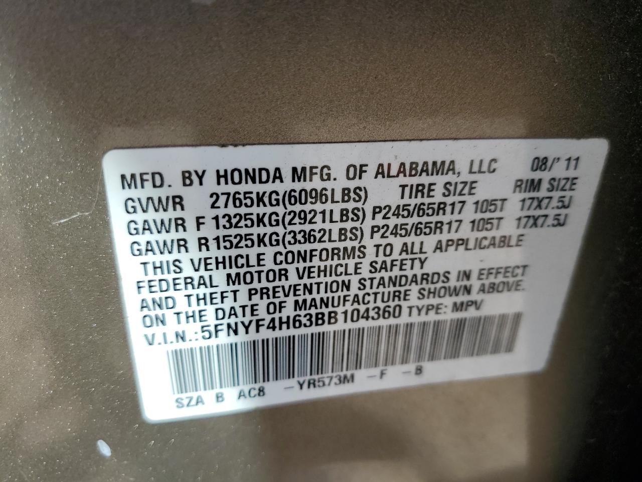 2011 Honda Pilot Exl VIN: 5FNYF4H63BB104360 Lot: 70292635