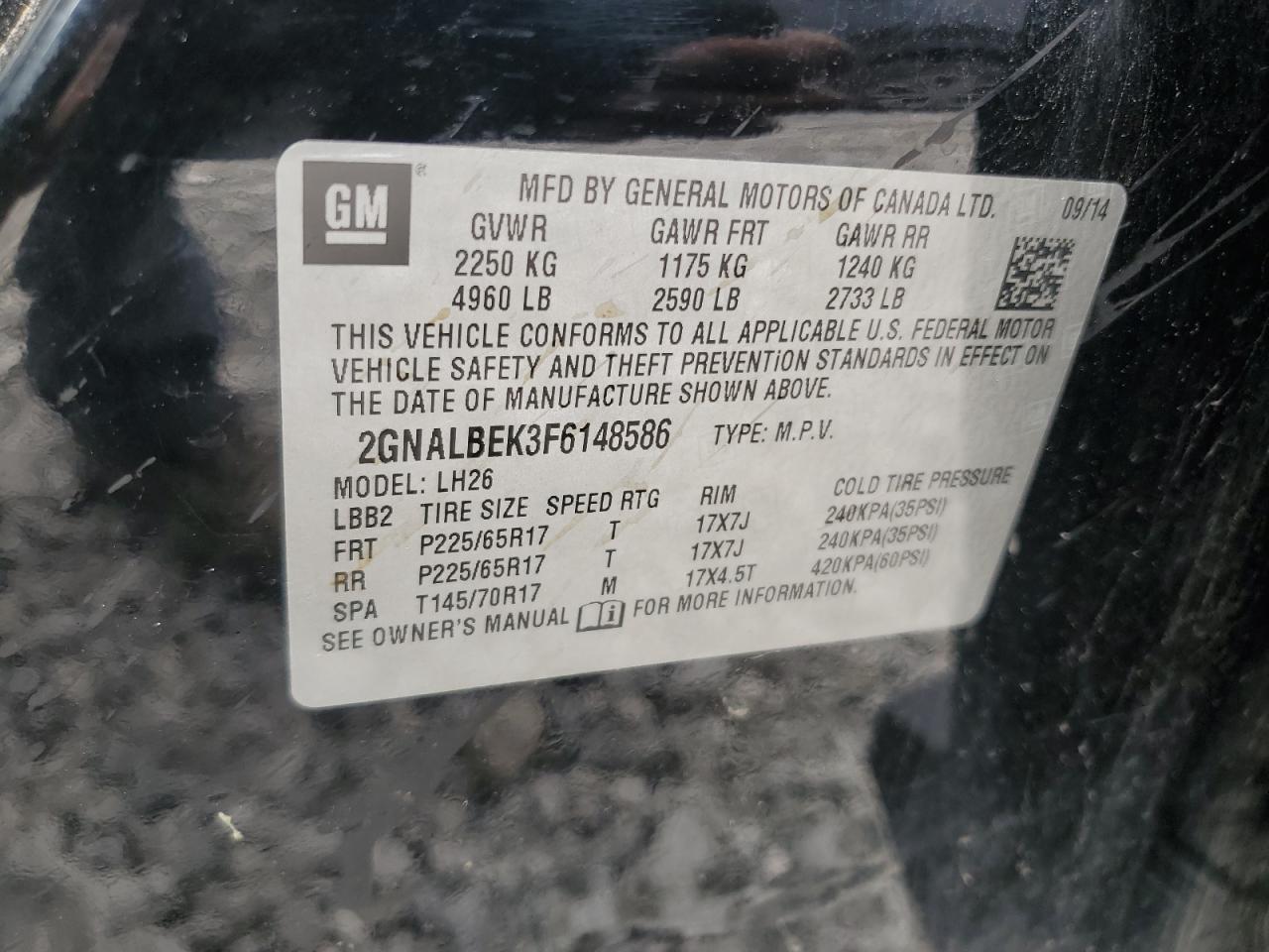 2015 Chevrolet Equinox Lt VIN: 2GNALBEK3F6148586 Lot: 70168085