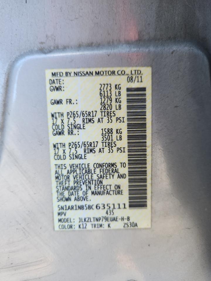 2011 Nissan Pathfinder S VIN: 5N1AR1NB5BC635111 Lot: 68755125