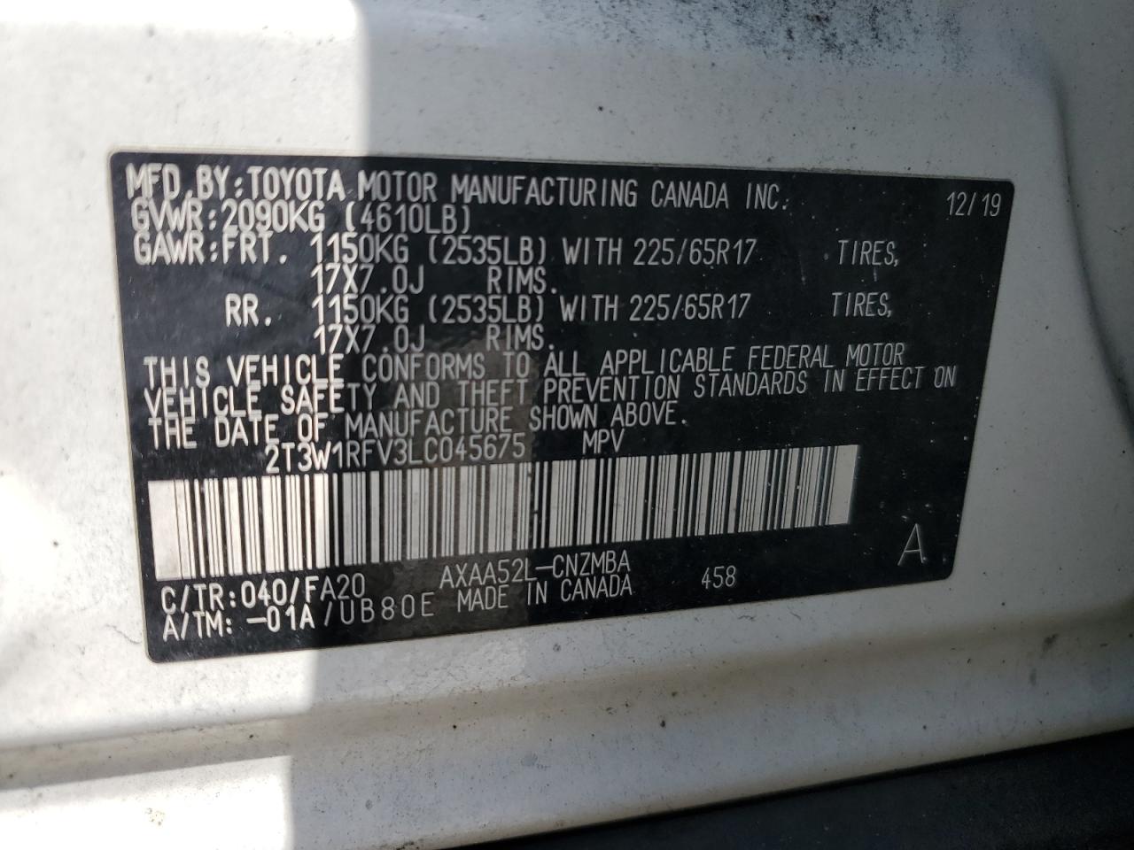 2020 Toyota Rav4 Xle VIN: 2T3W1RFV3LC045675 Lot: 70591975