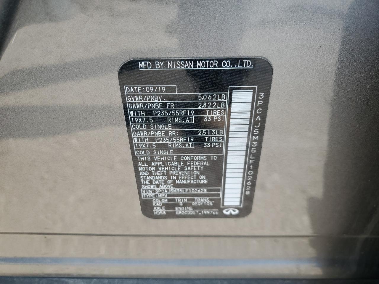 2020 Infiniti Qx50 Pure VIN: 3PCAJ5M35LF102628 Lot: 68334125