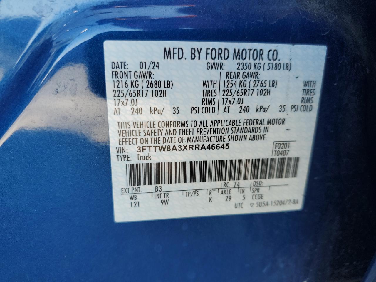 2024 Ford Maverick Xl VIN: 3FTTW8A3XRRA46645 Lot: 69873435