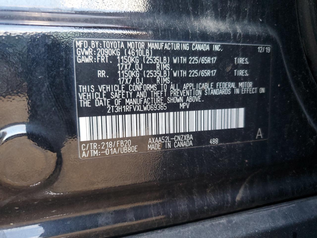 2020 Toyota Rav4 Le VIN: 2T3H1RFVXLW069365 Lot: 70777295